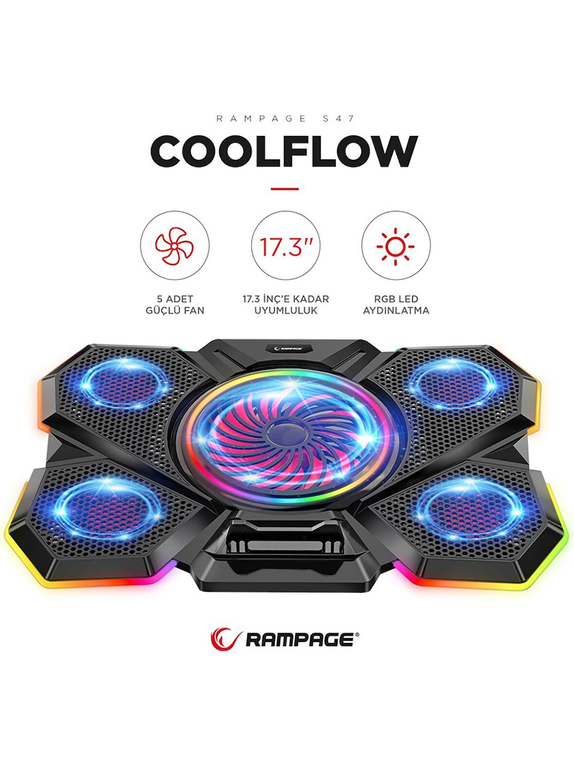 Rampage S47 COOLFLOW 5 Adet Kırmızı Led Fan 1 Usb 7 Farklı Kademe Ayarı 10 17.3 Notebook Soğutucu Stand